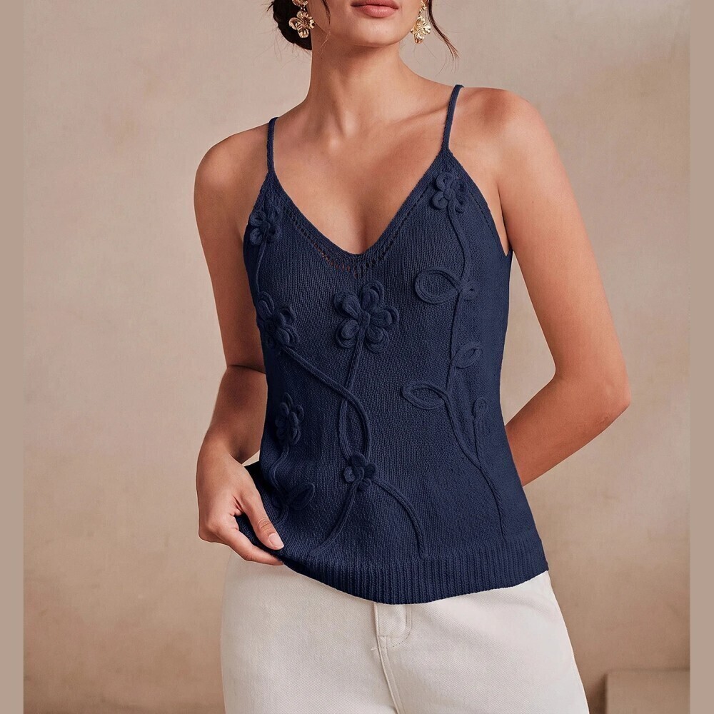 Navy Knit Floral Applique V-Neck Spaghetti Strap Camisole Tank Top